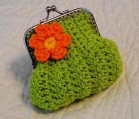 Lime Green Crochet Coin Purse with a Flower and Snap Frame