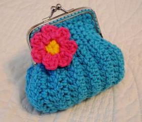 Turquoise Crochet Coin Purse with Flower and Snap Frame