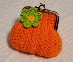 Orange Sunburst Crochet Coin Purse with Flower and Snap Frame