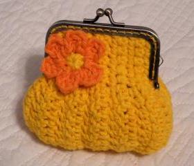 Deep Yellow Crochet Coin Purse with a Flower and Snap Frame