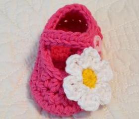 Pink Mary Jane Baby Shoes - Booties, Crochet, Flower