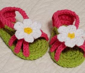 Pink and Lime Baby Sandals - Shoes - Crochet, Flower